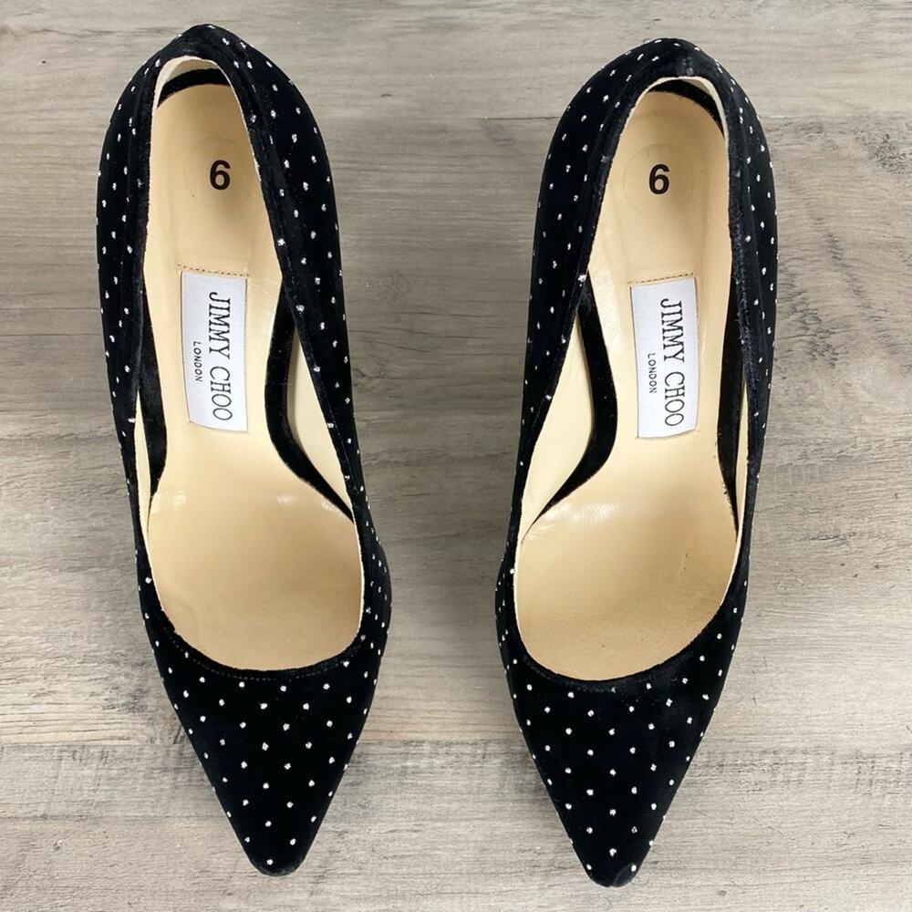 Jimmy Choo Romy 100 Silver Glitter Spotted BlackVelvet Pointy Toe Pumps Sz 6.5 - Picture 11 of 14
